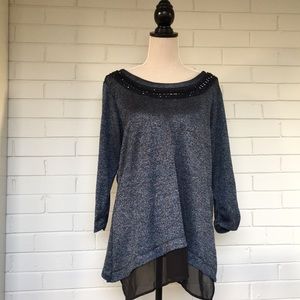 Blue Marled Top with Black Beaded Neck